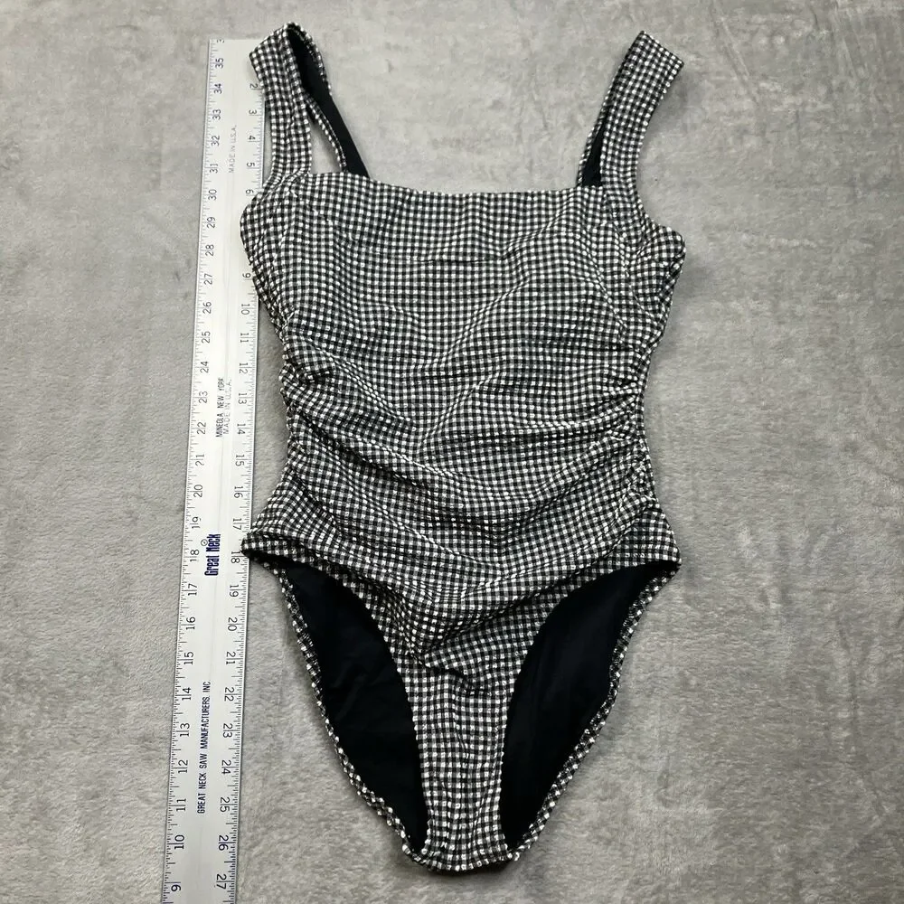 J Crew Nia Gingham Ruched Squareneck One-Piece Swimsuit Womens 8 Black & White
